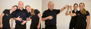 Schulterparty in der Linzer Sporttherapie: Schultern zum Anlehnen / Dr. Markus Limberger mit Anja Oyrer und Theresa Stöbich beim ultimativen Parktickettest