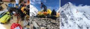 Zusammenpacken vor der Abreise / Basecamp am K2 / Max Berger beim Flug vom Broad Peak, im Hintergrund der K2